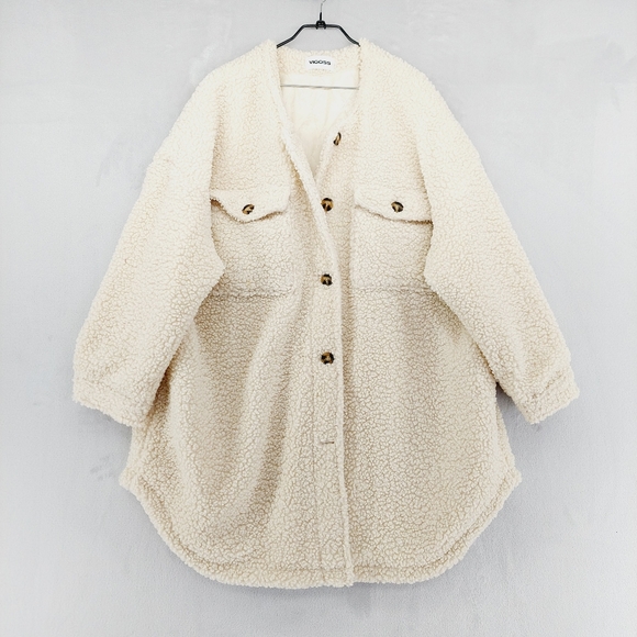 Vigoss® Ivory Cozy Long Sleeves Pockets Sherpa Longline Shacket Z99 - Picture 2 of 12